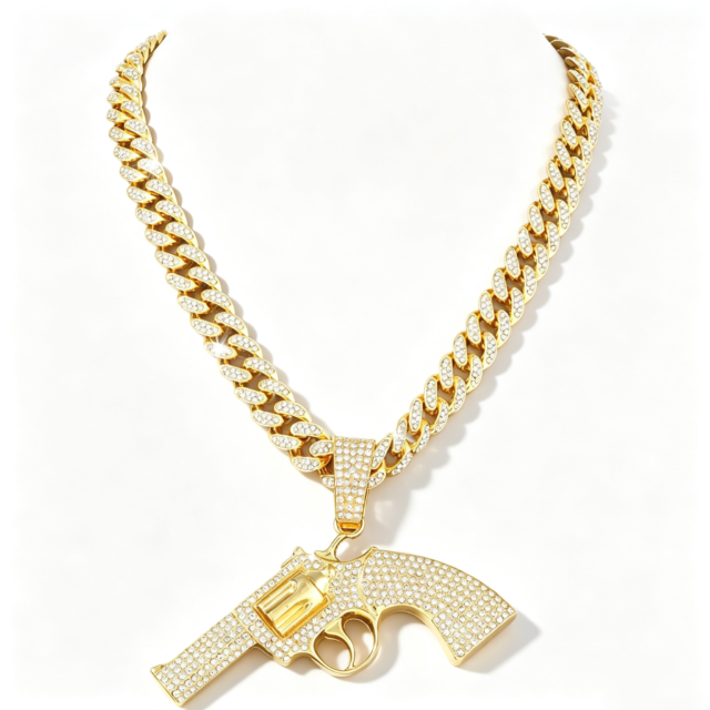 Beleeam 20‘’ Iced Out Revolver Shape Pendant Necklace, Hip Hop Gold Plated Crystal Cuban Chain Necklace for Men, Bling Fashion Jewelry