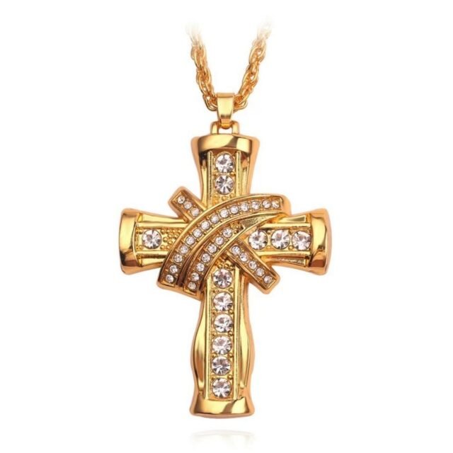 Beleeam Iced Out Gold Cross Pendant Necklace for Men, Hip Hop Bling Crystal Cross Necklace with Rope Chain 24''