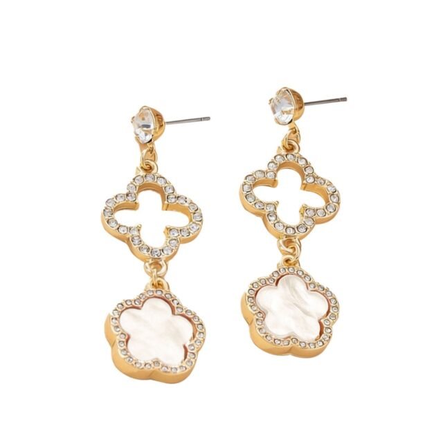BELEEAM Double Clover Drop Earrings – Gold Tone & Pearlescent White