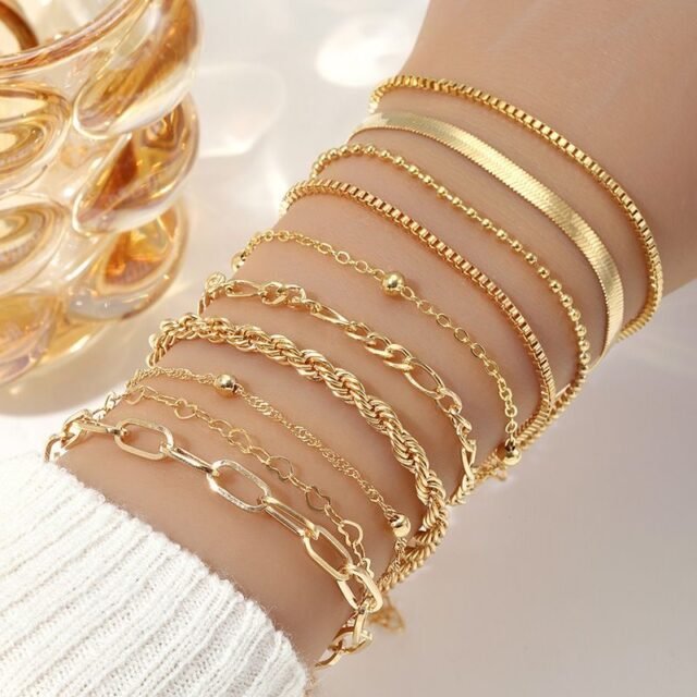 Beleeam 10-pack Bracelets for Women, Elegant Adjustable 14K Gold Plated Bracelet for Women, Trendy Minimalist Dainty Gold Bracelet for Everyday Wear