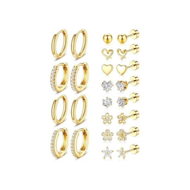 Beleeam Gold Stud Earrings for Women - 14k Gold Plated Surgical Stainless Steel Flat back Earrings Set Small Huggie Hoop Flatback Earring for Sensitive Ears Screw Back Cartilage Piercing Jewelry