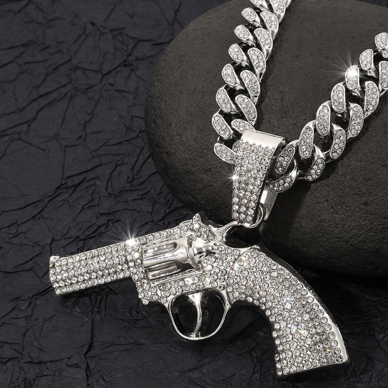 Beleeam 20‘’ Iced Out Revolver Shape Pendant Necklace, Hip Hop Gold Plated Crystal Cuban Chain Necklace for Men, Bling Fashion Jewelry - Image 7