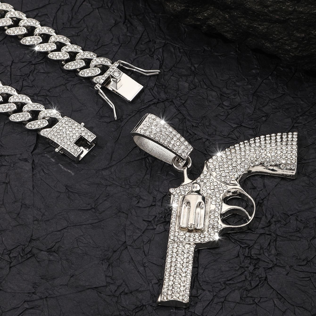 Beleeam 20‘’ Iced Out Revolver Shape Pendant Necklace, Hip Hop Gold Plated Crystal Cuban Chain Necklace for Men, Bling Fashion Jewelry - Image 6