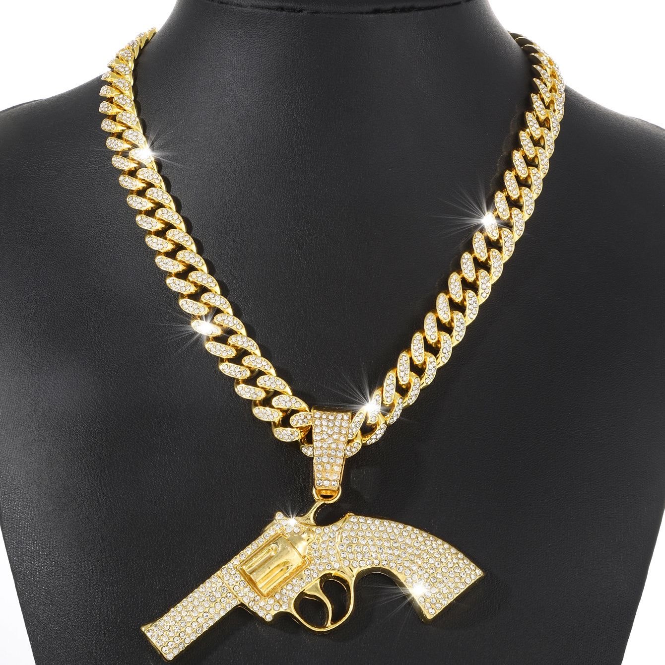 Beleeam 20‘’ Iced Out Revolver Shape Pendant Necklace, Hip Hop Gold Plated Crystal Cuban Chain Necklace for Men, Bling Fashion Jewelry - Image 4