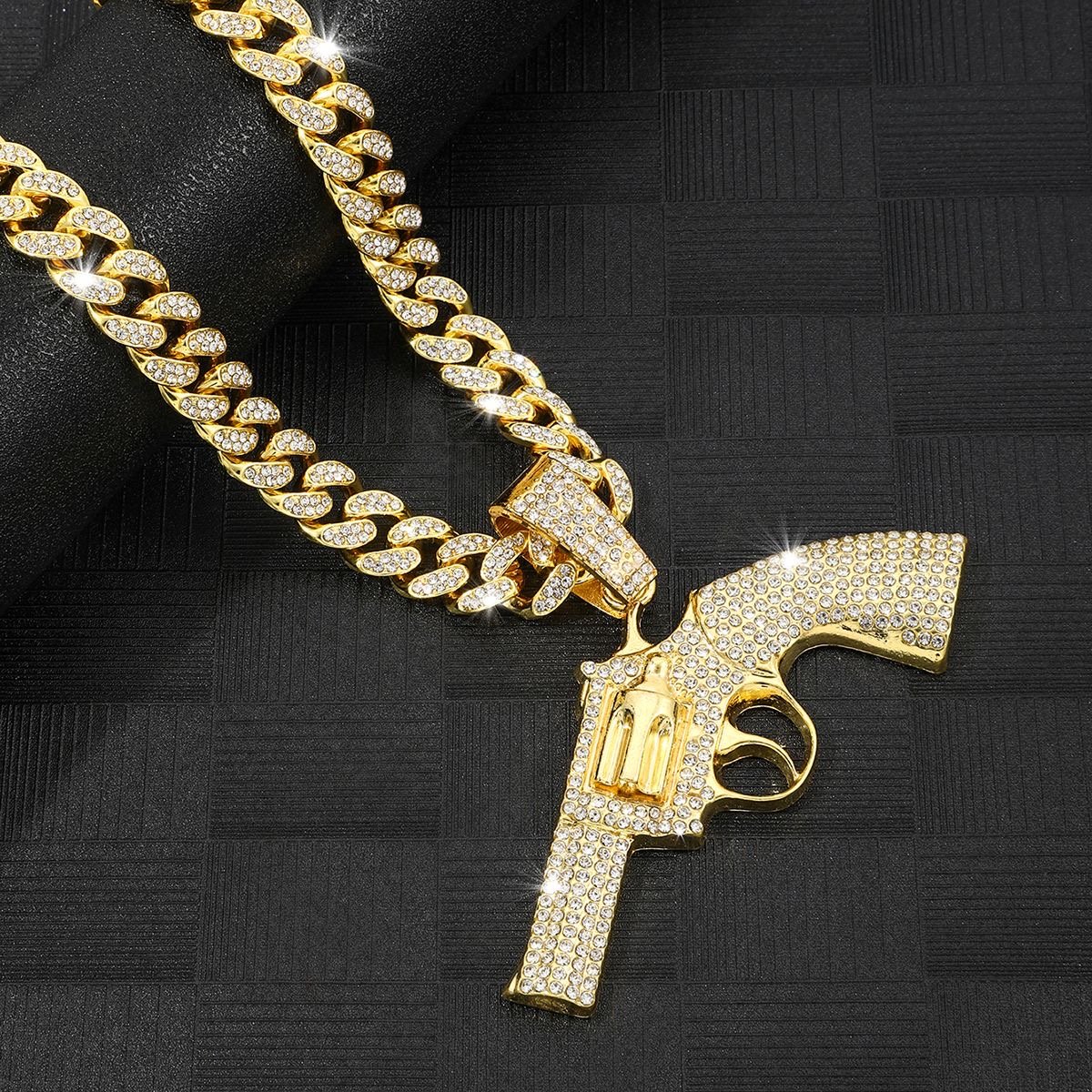 Beleeam 20‘’ Iced Out Revolver Shape Pendant Necklace, Hip Hop Gold Plated Crystal Cuban Chain Necklace for Men, Bling Fashion Jewelry - Image 3