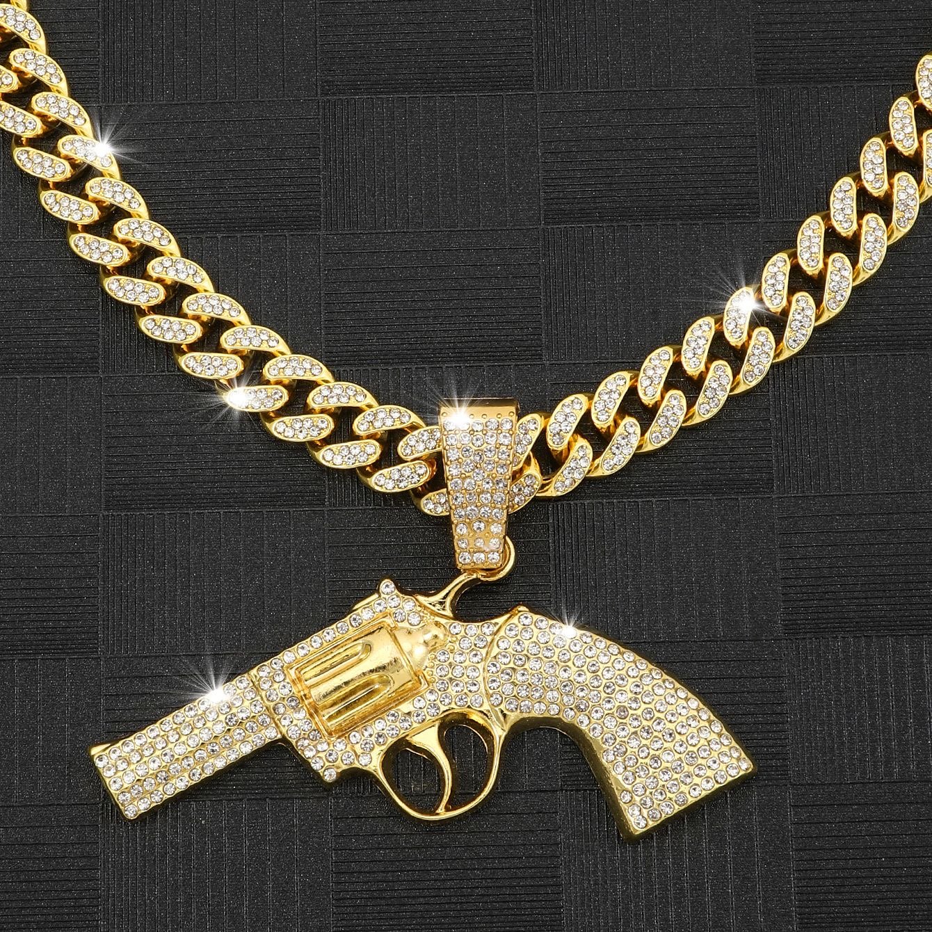 Beleeam 20‘’ Iced Out Revolver Shape Pendant Necklace, Hip Hop Gold Plated Crystal Cuban Chain Necklace for Men, Bling Fashion Jewelry - Image 2