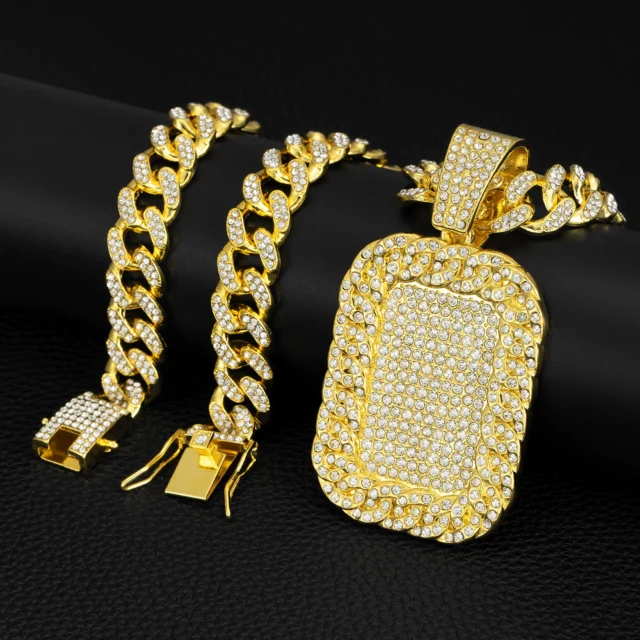 Iced Dog Tag Pendant Cuban Chain Necklace 24‘’
