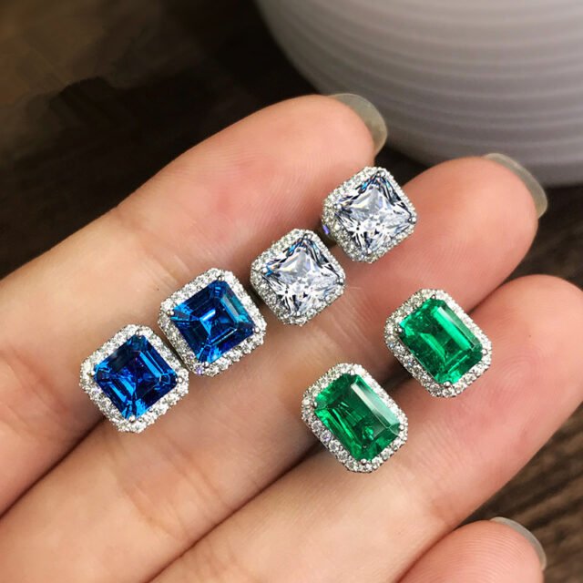 Beleeam Delicate Aurora Emerald Square Stud Earrings
